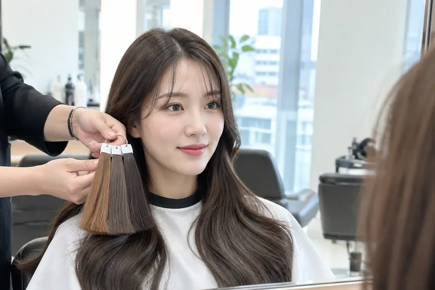 미용실에서 머리색 견본을 얼굴 옆에 대 보는 한국인 여성