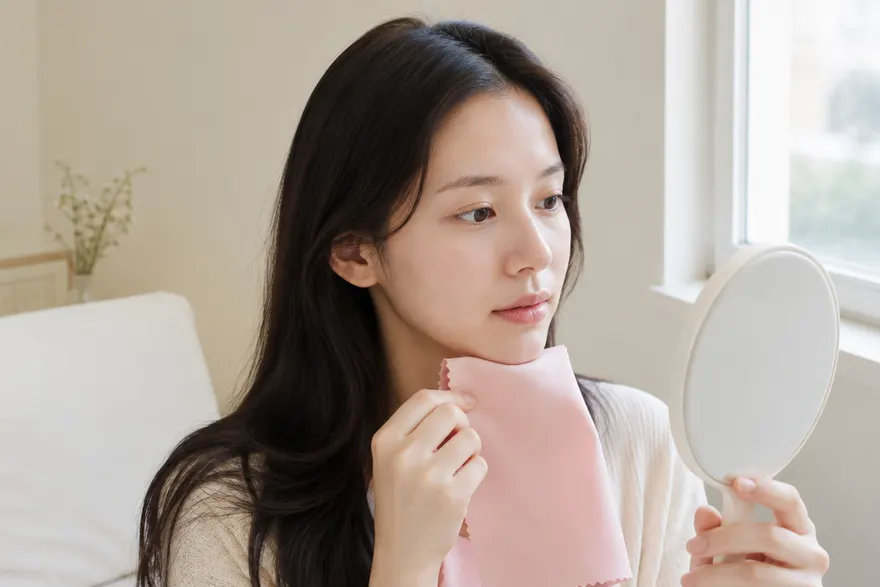 창가 자연광 아래에서 거울을 보며 얼굴 옆에 색 천을 대 보는 여성
