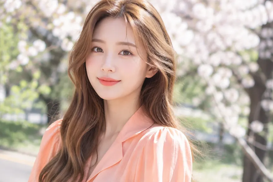 밝은 코랄·피치색 옷을 입은 한국인 여성, 자연광